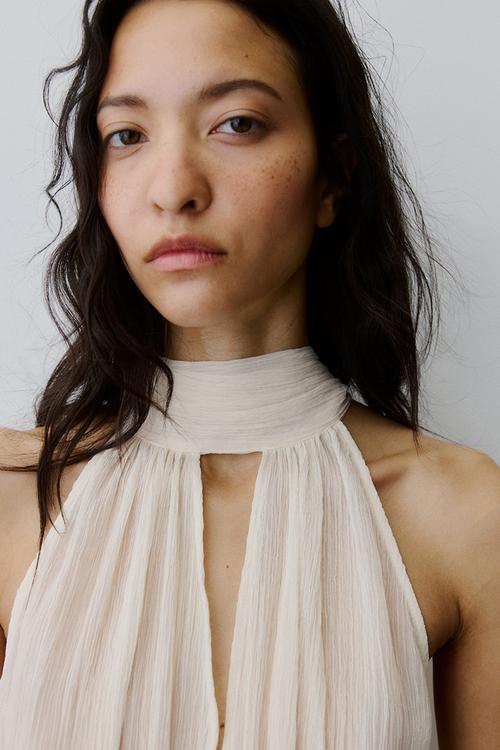 Scarf-collar chiffon top - cream