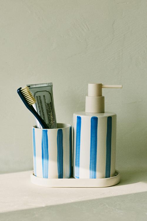 Stoneware soap dispenser - white/blue striped