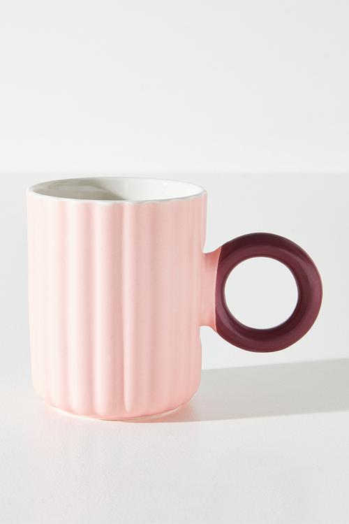 Stripe Relief Mug with Coloured Handle Single 370ml - Pink