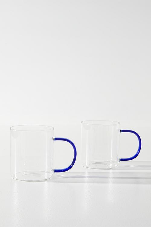 Coffee Glass Mug with Blue C Handle - 2pcs  400ml