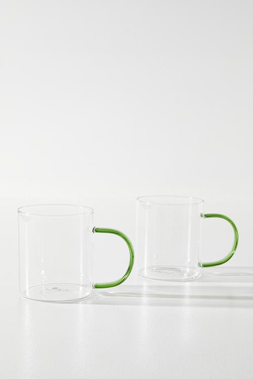 Coffee Glass Mug with Green C Handle - 2pcs  400ml
