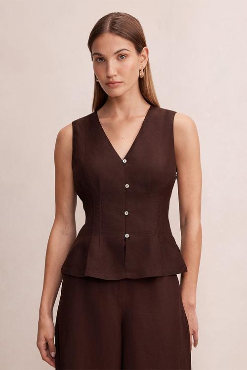 Portia pleated linen top - chocolate