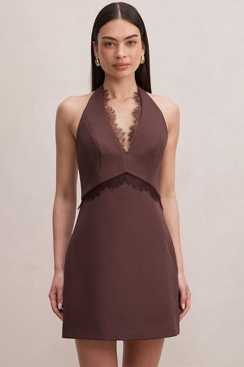 Kobi lace halter mini dress - dark chocolate