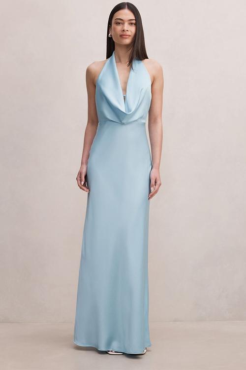 Becca cowl halter satin dress in seafoam aqua