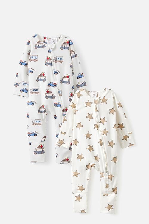 2 Pack Growie Long Sleeve Zip Romper - Vanilla/Twinkly Stars & Vanilla/Gelato Trucks