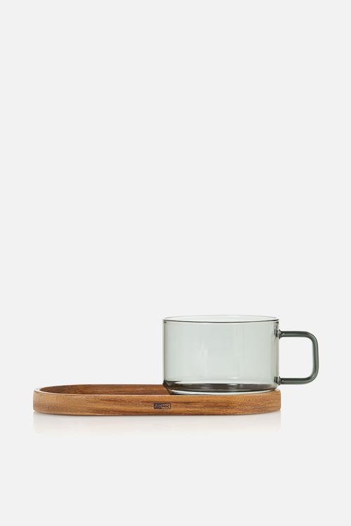 AdHoc Impact Glass Coffee Cup & Acacia Wood Coaster Set – 300ml Mouth-Blown Grey Glass