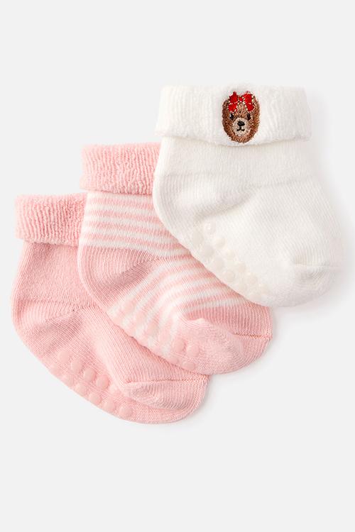 Baby 3Pk Terry Socks - Pop Pink/Bear