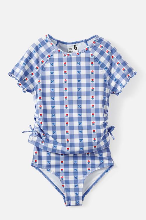 Florence S/S Rashie And Bikini Bottom Set - Blue Bonnet/Floral Gingham