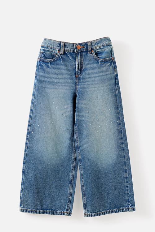 Super Wide Leg Denim Jean - Blue Haven Mid Blue/Bling