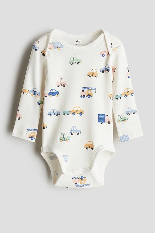 Envelope-neck bodysuit - cream/vehicles