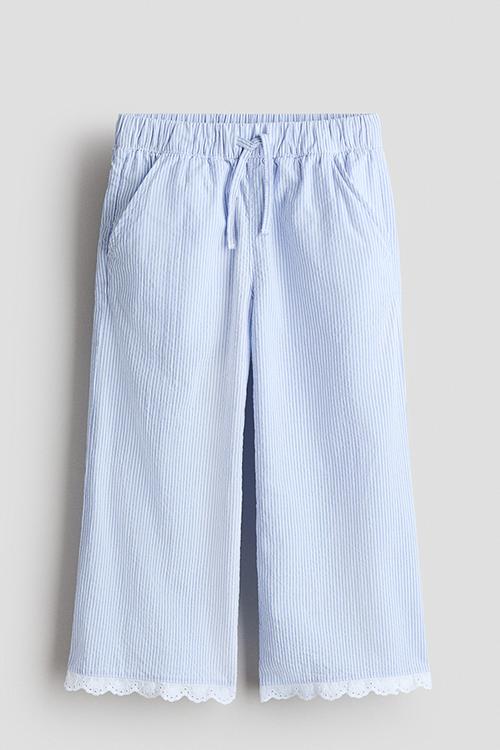Lace-trimmed seersucker trousers - light blue/striped