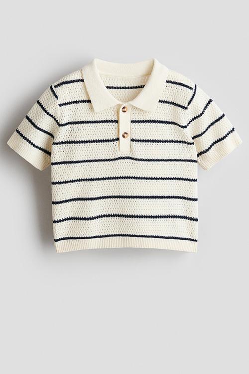 Pointelle-knit polo shirt - cream/blue striped