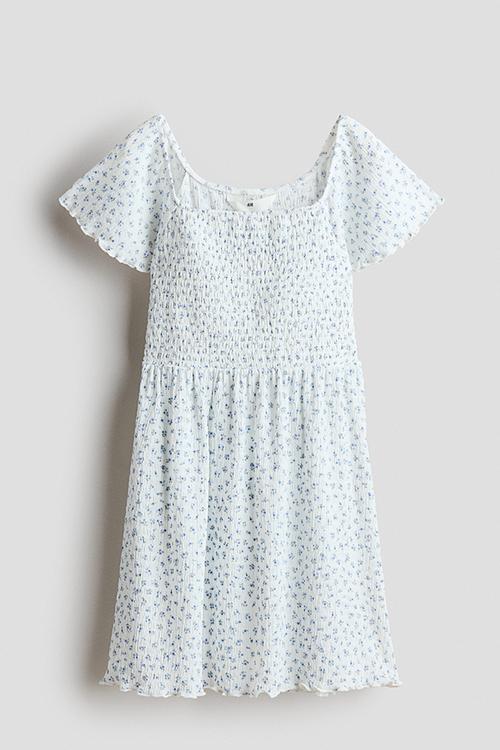 Smocked-bodice dress - white/blue floral