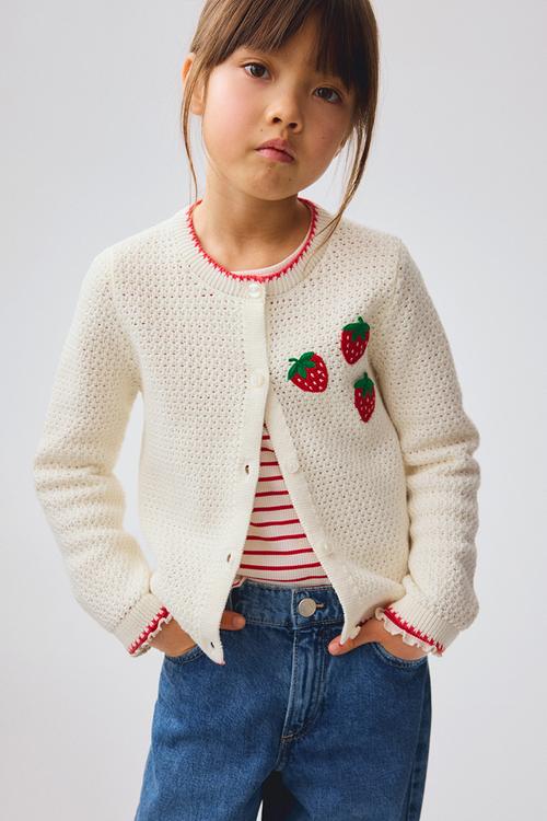 Embroidered hole-knit cardigan - cream/strawberries