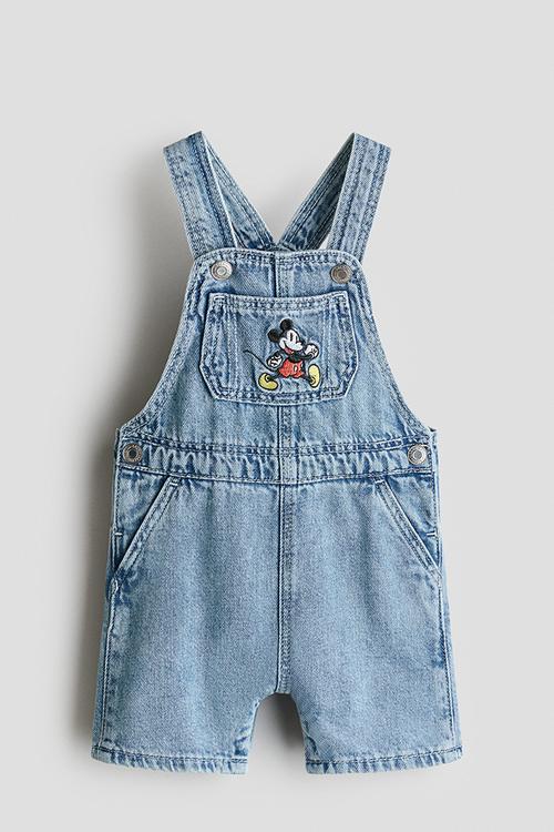 Embroidery-detail dungaree shorts - denim blue/mickey mouse