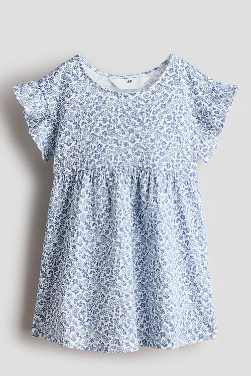 Flutter-sleeved cotton dress - white/blue floral