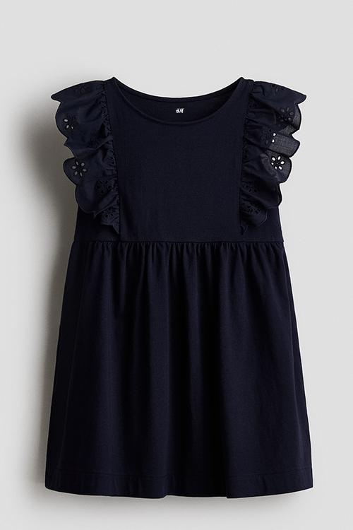 Flounce-trimmed cotton dress - navy blue
