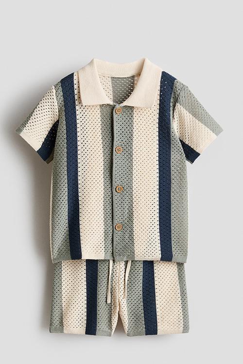 2-piece mesh-knit cotton set - light beige/striped