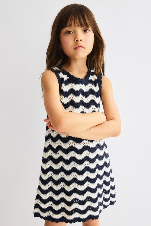Appliqu?d hole-knit dress - navy blue/striped