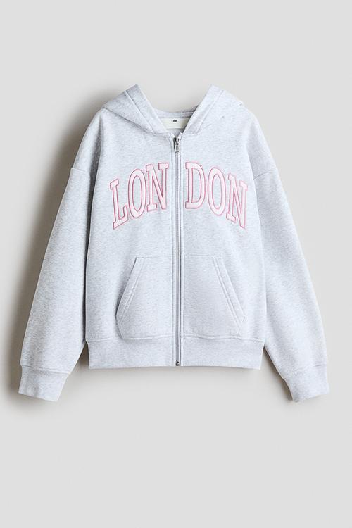 Embroidered zip-through hoodie - light grey marl/london