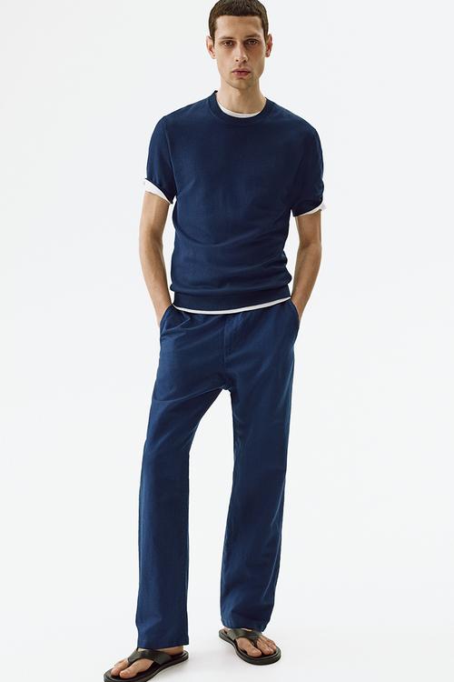 Regular fit linen-blend trousers - dark blue