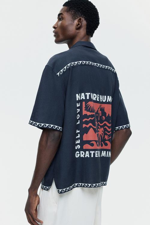 Relaxed fit cotton resort shirt - black/waves