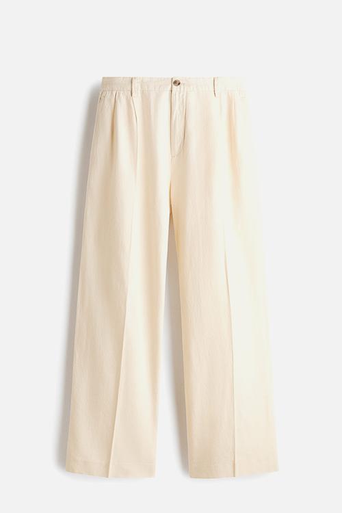 Loose fit wide linen-blend trousers - cream