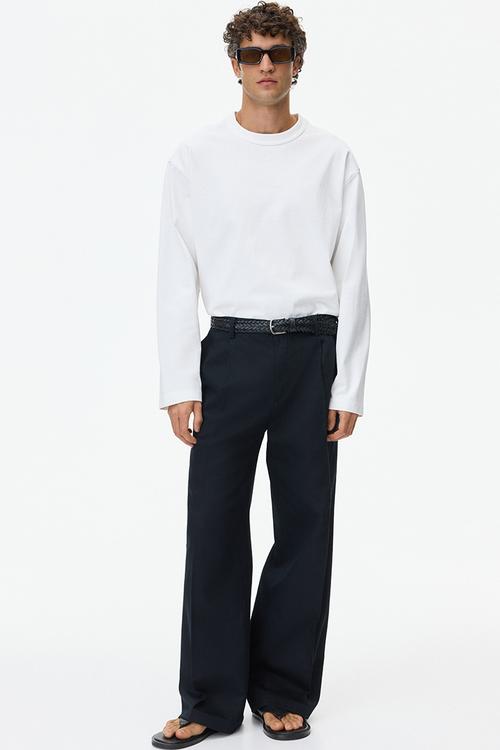 Loose fit wide linen-blend trousers - black