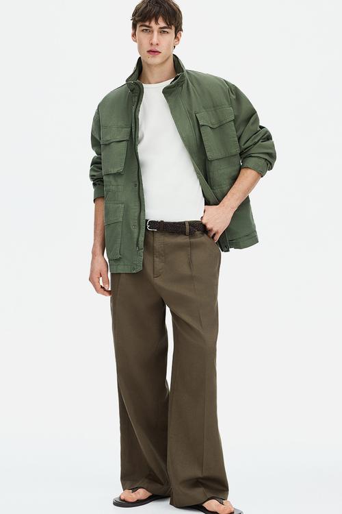Loose fit wide linen-blend trousers - dark mole