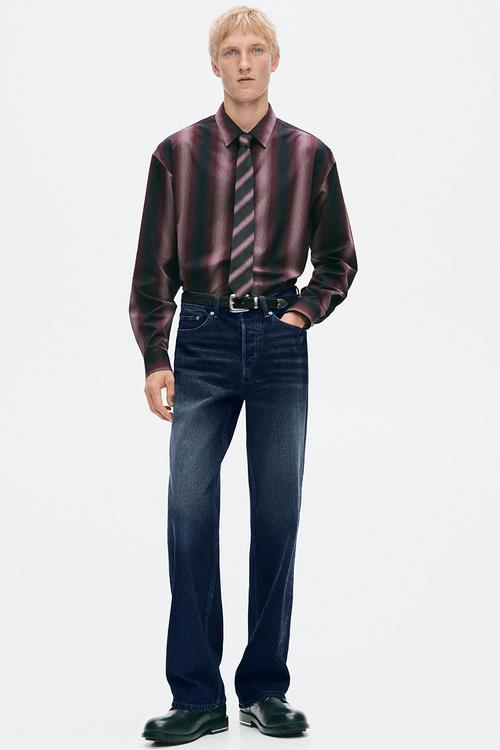 H&M Atelier:  Regular fit pima cotton shirt - burgundy/striped