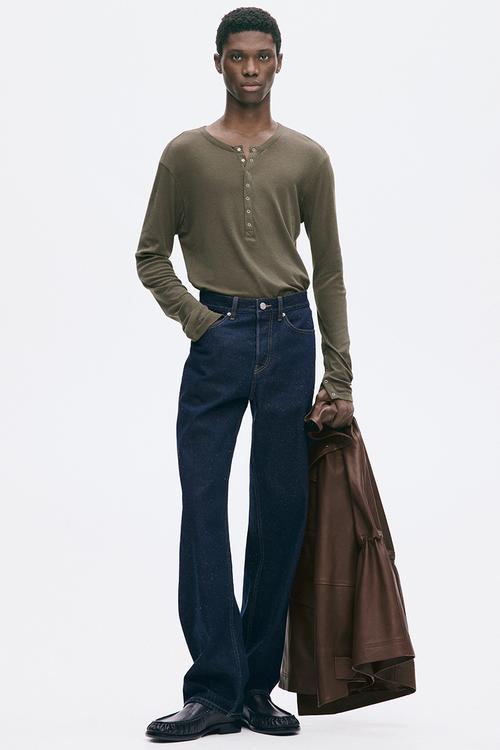 Slim fit cotton henley top - dark khaki green