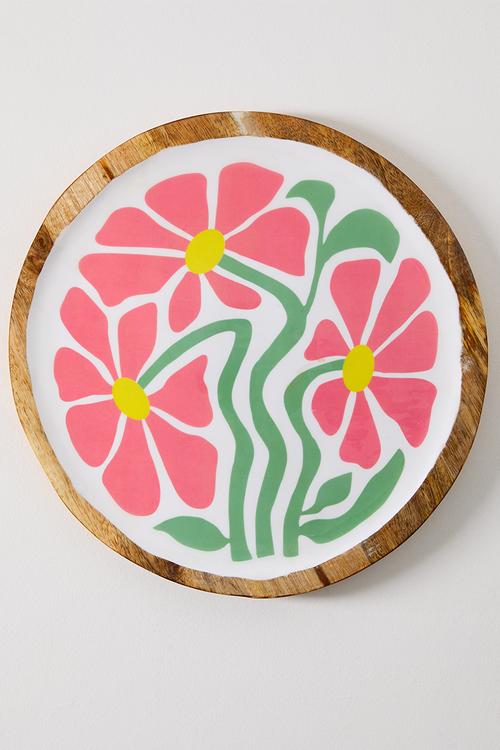 Pink Enamel Daisy Flower Mango Wood Plate - 30cm