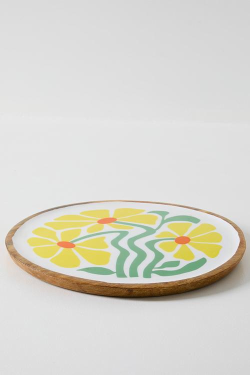 Yellow Enamel Daisy Flower Mango Wood Plate - 30cm