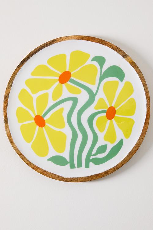 Yellow Enamel Daisy Flower Mango Wood Plate - 30cm