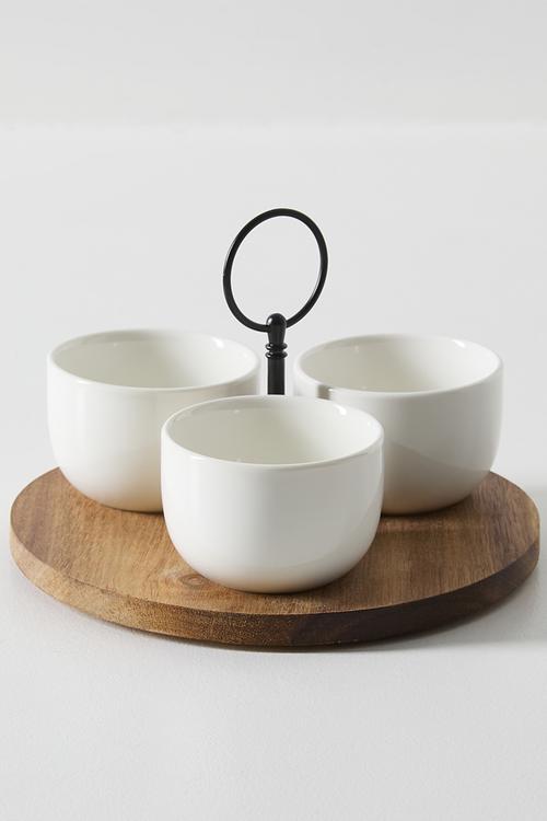 Porcelain Bowls & Tray with Handle Serving Set - 4pcs