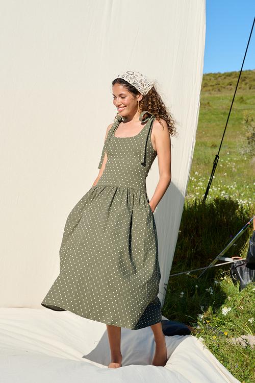 Bengaline Stretch Dress With Shoulder Tie Detail - Green Spot