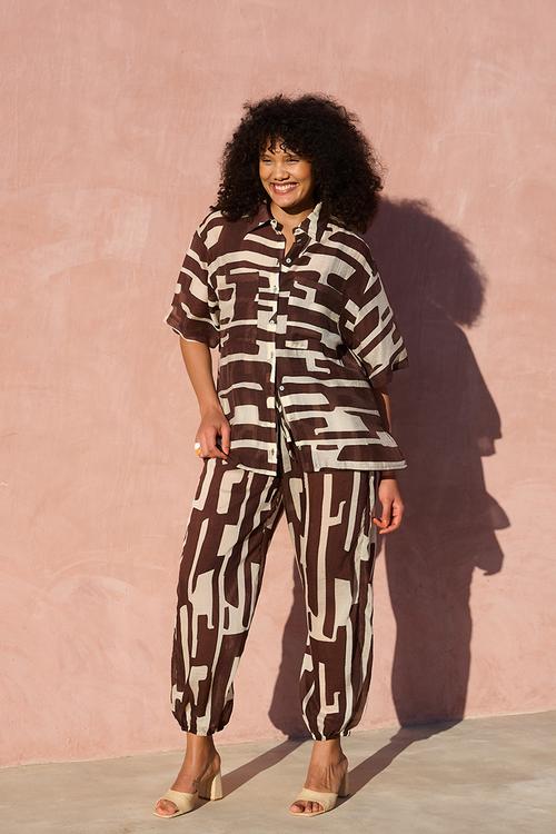 Oversized Shirt Patch Pockets - Choc/Bananaprint