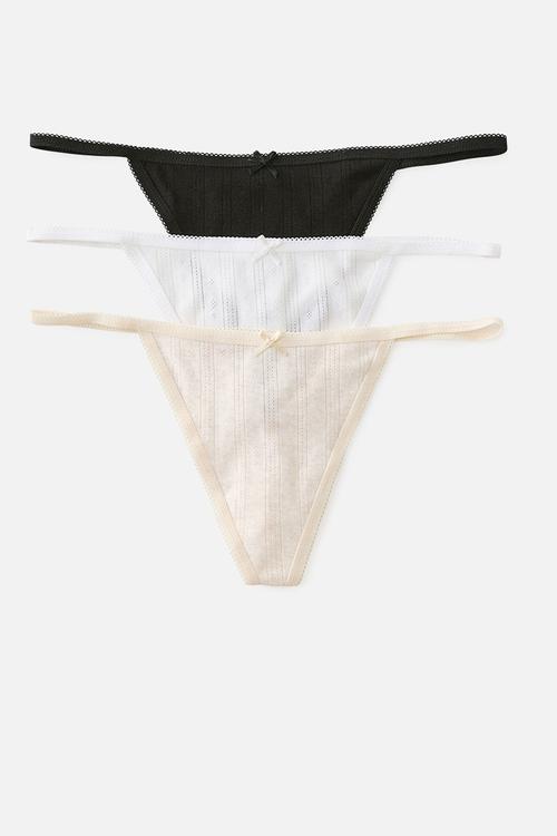 Cotton pointelle g string brief 3 pack - black/white/butterscotch