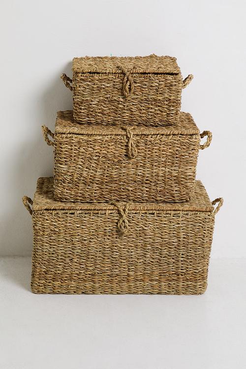 3Pc Handwoven Seagrass Basket Set W Iron Frame