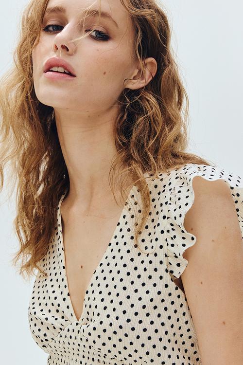 Textured jersey top - light beige/polka dot