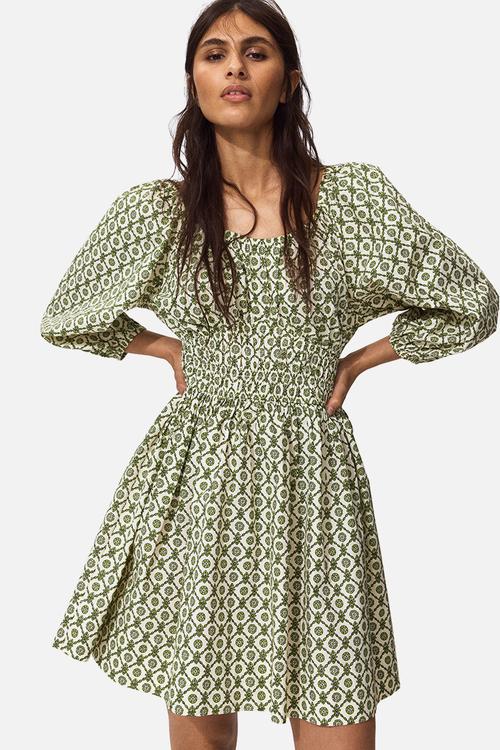 Flared-skirt cotton dress - green/patterned
