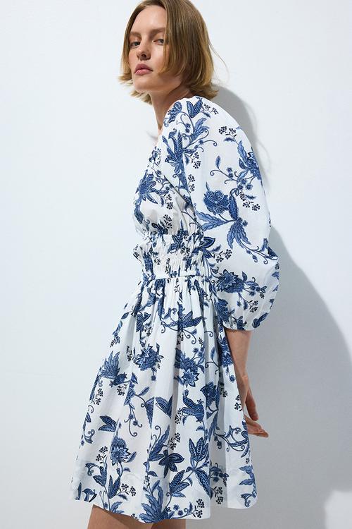 Flared-skirt cotton dress - white/floral