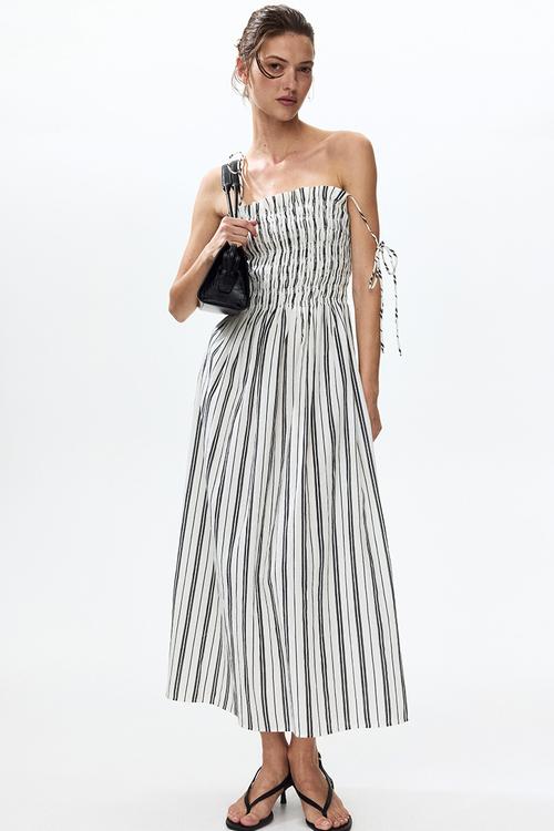 Smocked-bodice tie-strap dress - white/striped