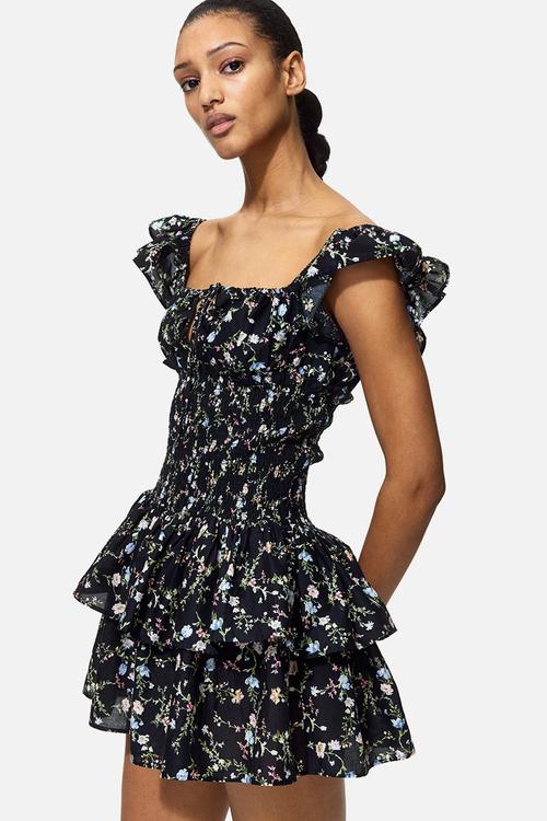 Smocked-waist dress - black/floral
