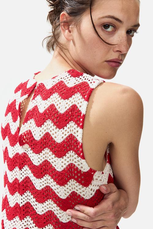 Crochet-look jacquard jersey top - white/red striped