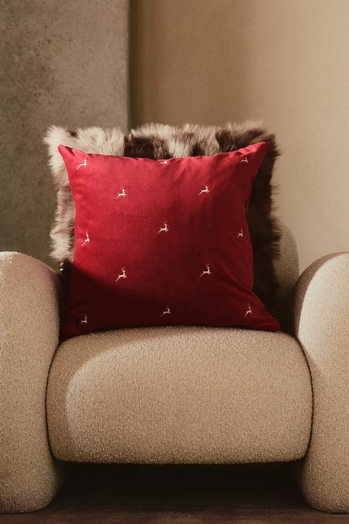 Embroidery-motif cushion cover - red/reindeer