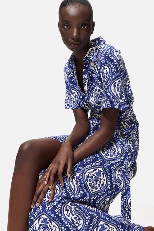 Tie-belt shirt dress - blue/white patterned