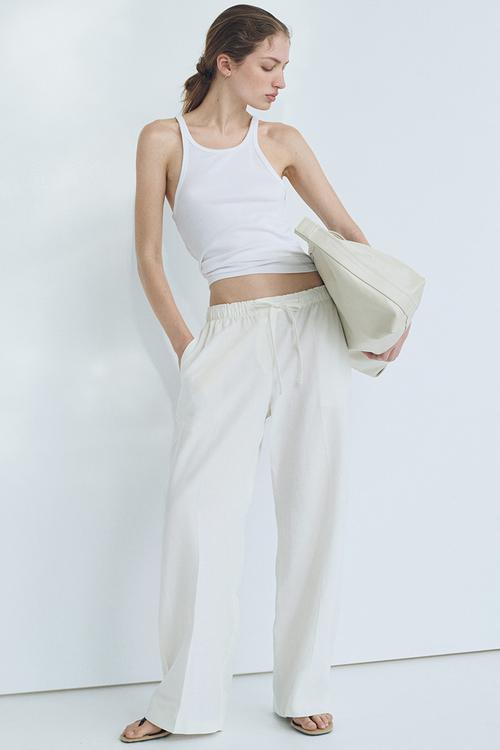 Linen-blend drawstring trousers - white