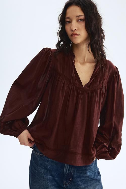 Lace-inset viscose-blend blouse - dark brown