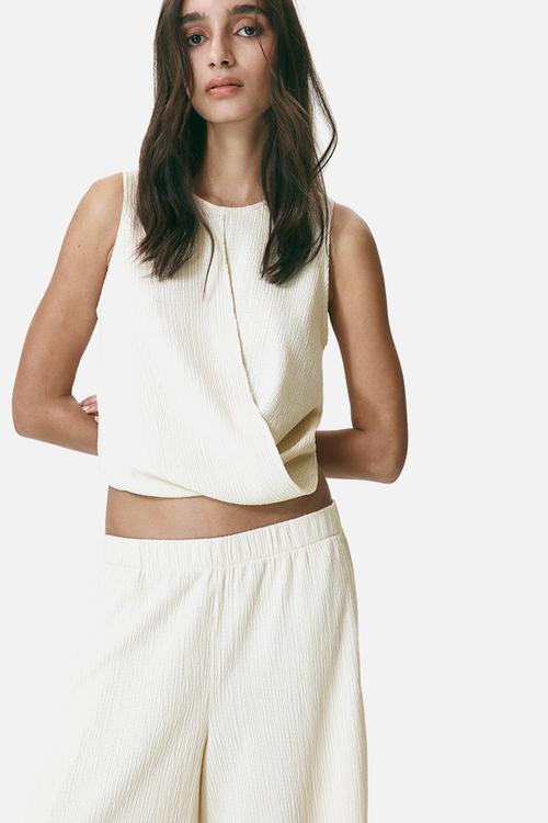 Wrap-detail crinkled top - light beige